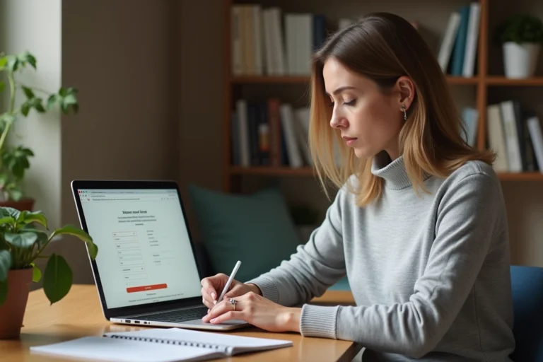 Femme adulte s'inscrivant en ligne sur un portail de formation professionnelle comme Netypareo depuis son bureau à domicile