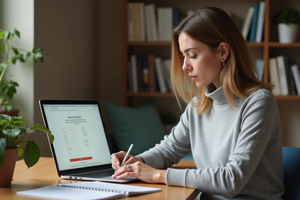 Femme adulte s'inscrivant en ligne sur un portail de formation professionnelle comme Netypareo depuis son bureau à domicile