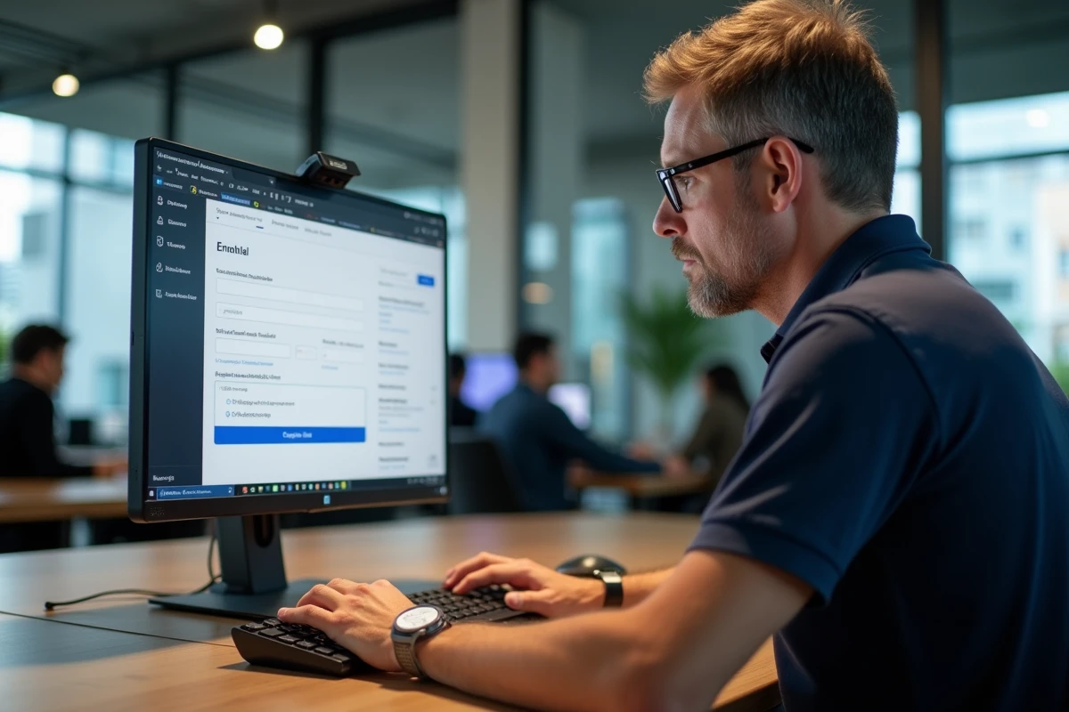 Homme en espace de coworking complétant son inscription en ligne à une formation professionnelle Greta via un ordinateur de bureau