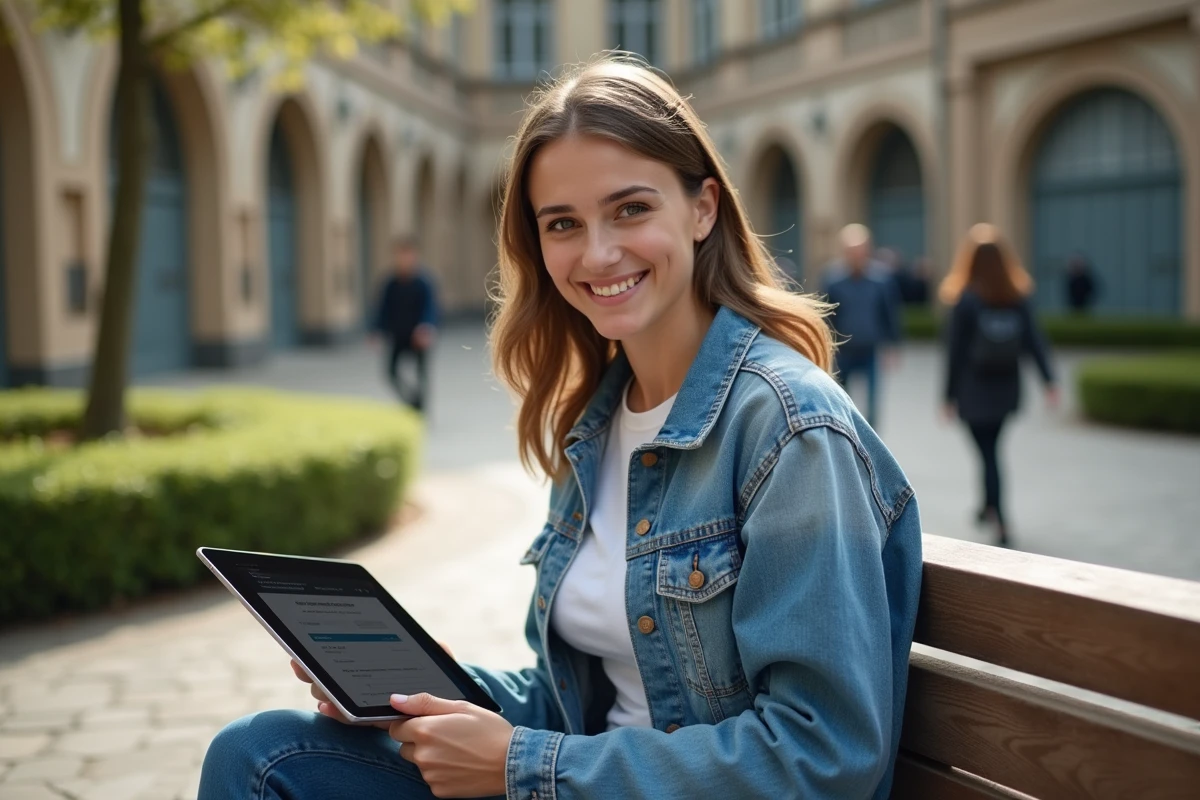 Jeune femme consultant le portail Netypareo sur une tablette en extérieur pour s'inscrire à une formation du Greta de Montpellier