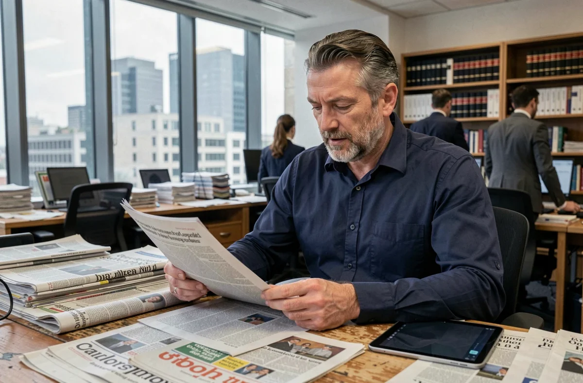 Journaliste analysant l'actualité internationale dans une salle de rédaction moderne