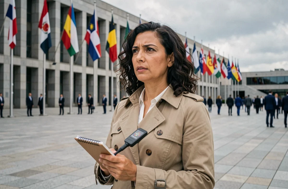 Journaliste devant un bâtiment diplomatique international avec drapeaux de nations