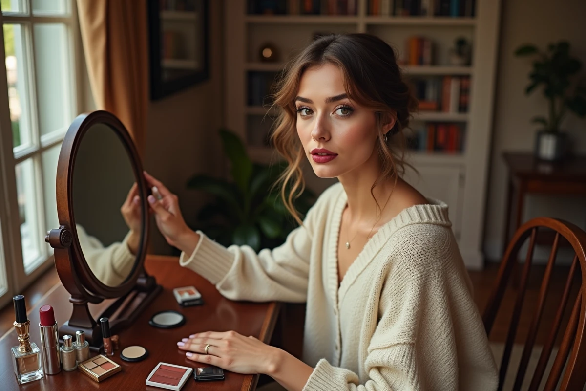 Jeune femme avec un maquillage audacieux assise devant une coiffeuse vintage ornée de produits de beauté colorés