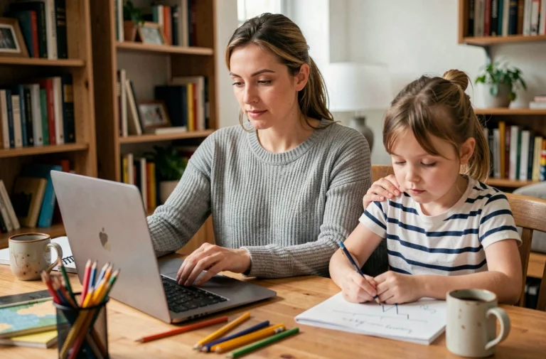 Mère en télétravail à son bureau à domicile gérant sa fille qui dessine à côté d'elle