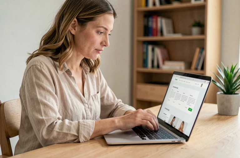 Femme parcourant un plan de site beauté et santé sur son ordinateur portable dans un bureau moderne