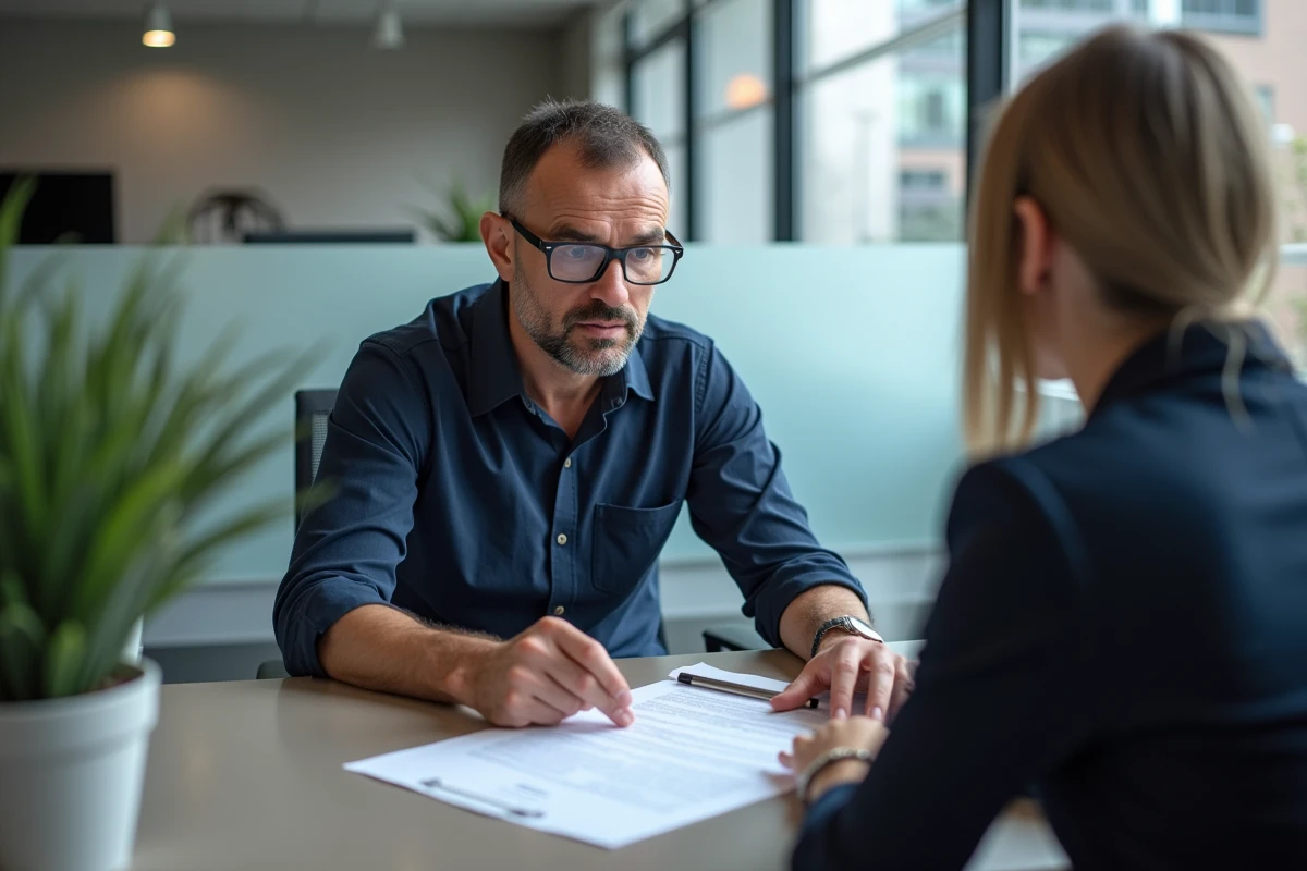 Homme discutant d'une clause de rétractation avec un agent immobilier autour d'un contrat de bail dans une agence professionnelle