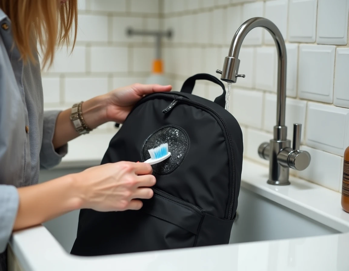Femme nettoyant un cartable Kipling noir avec une brosse à dents et de l'eau savonneuse près d'un évier de cuisine