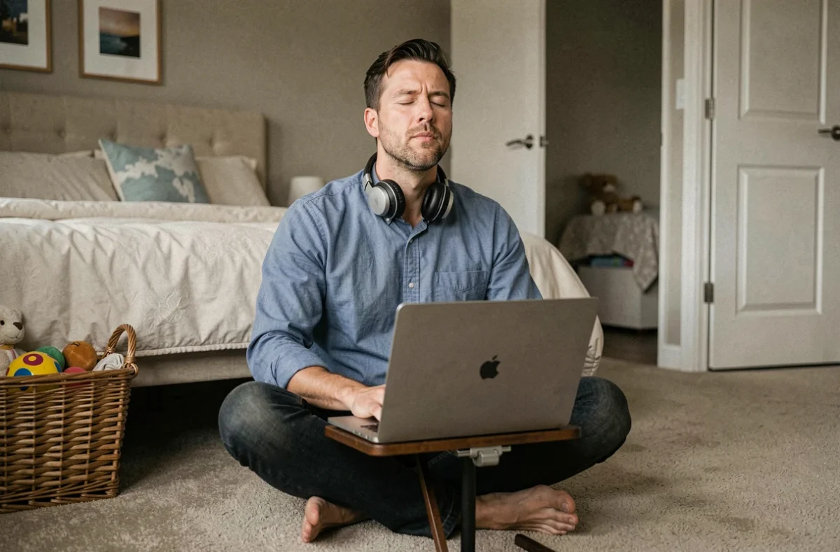 Père en télétravail faisant une pause sur le sol de sa chambre avec un ordinateur portable et des écouteurs