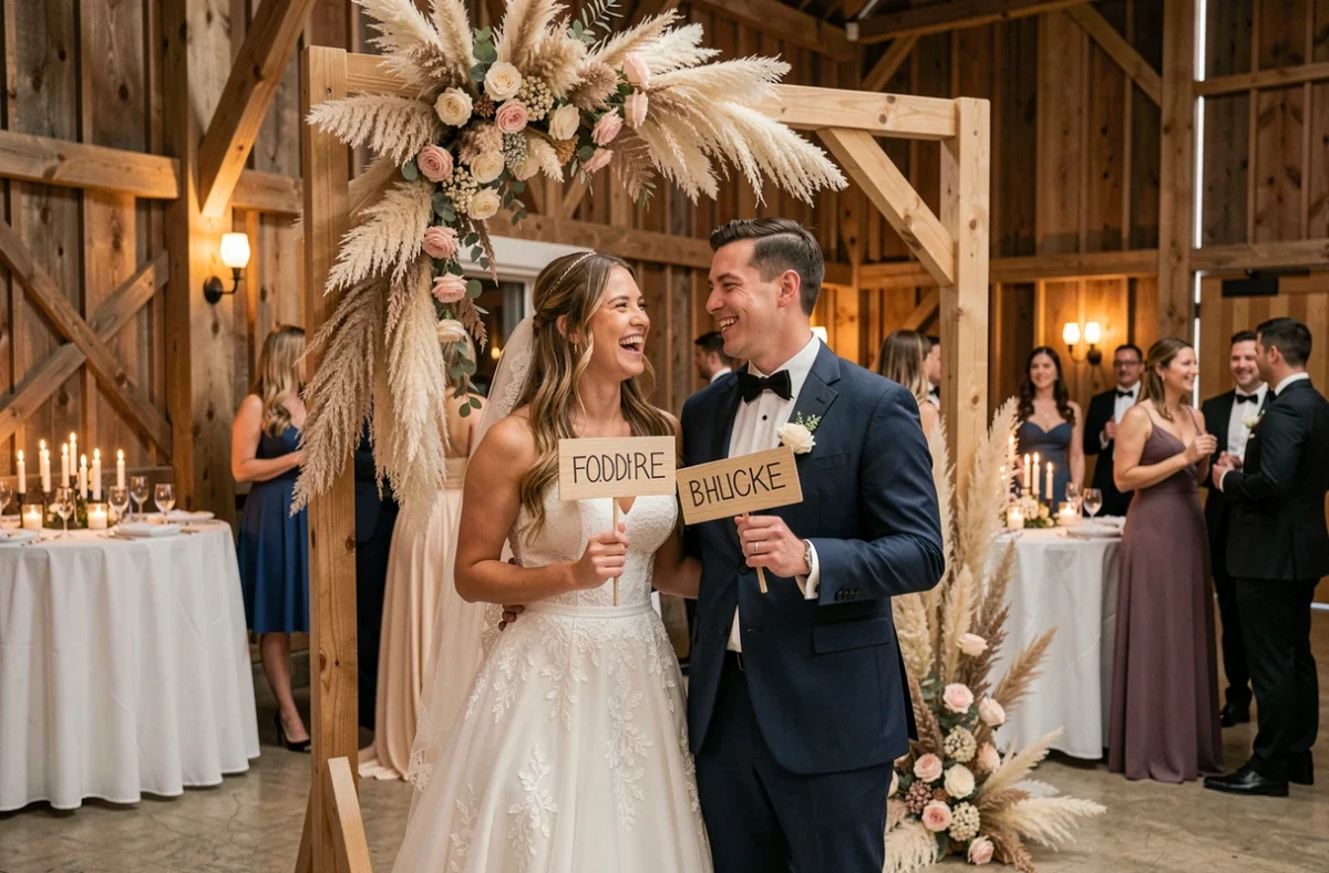 Couple de mariés posant avec des accessoires amusants dans un photobooth décoré de fleurs séchées lors d'une soirée de mariage