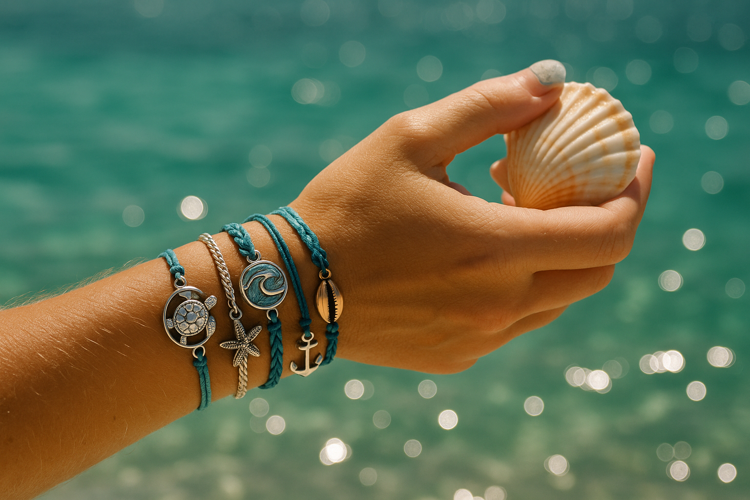 Poignet avec bracelets oceaniques près de l eau turquoise