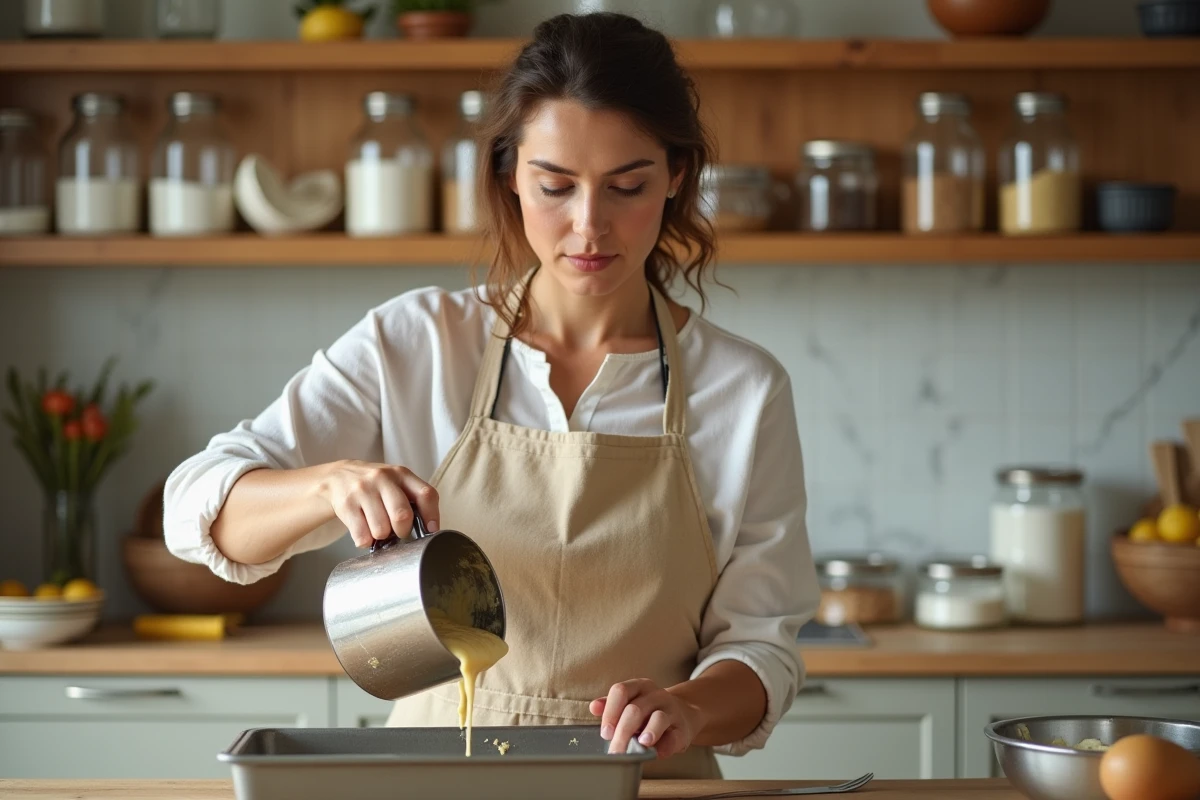 Femme versant la pâte à cake lardons gruyère dans un moule à cake dans une cuisine maison
