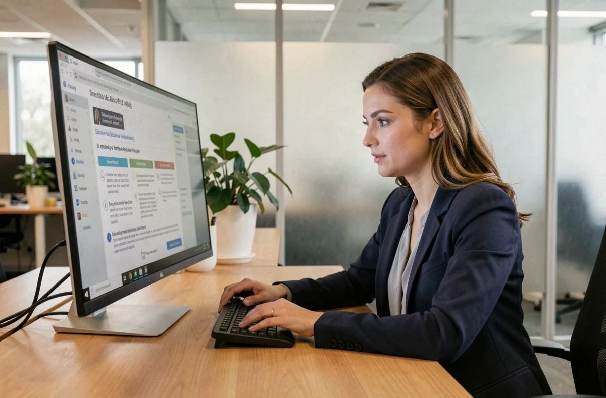 Femme professionnelle découvrant une interface web de gestion en ligne étape par étape dans un bureau moderne