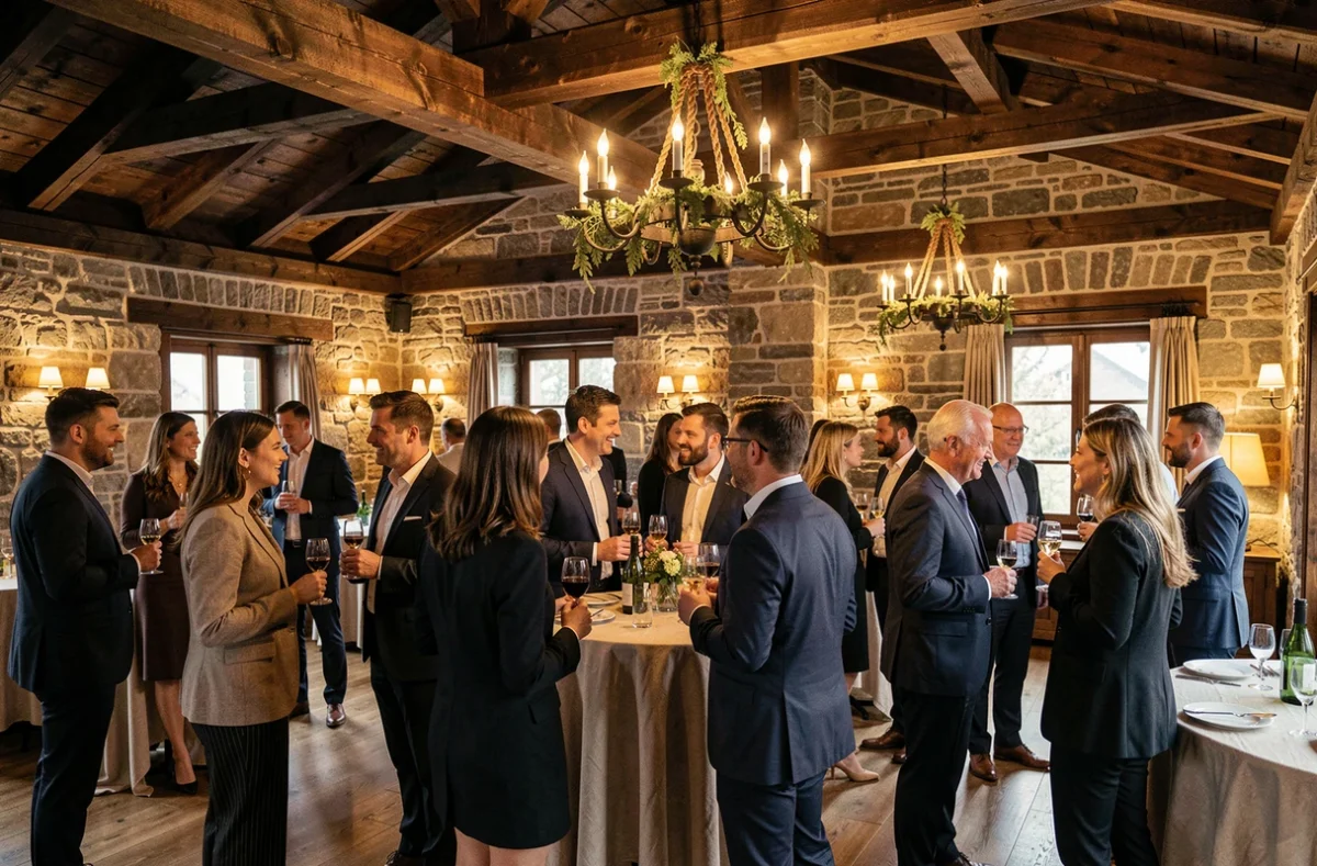 Réception cocktail d'entreprise dans un chalet historique suisse transformé en lieu événementiel haut de gamme