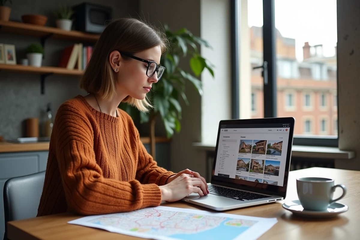 Femme recherchant un appartement familial à Lyon sur un ordinateur portable avec carte des arrondissements