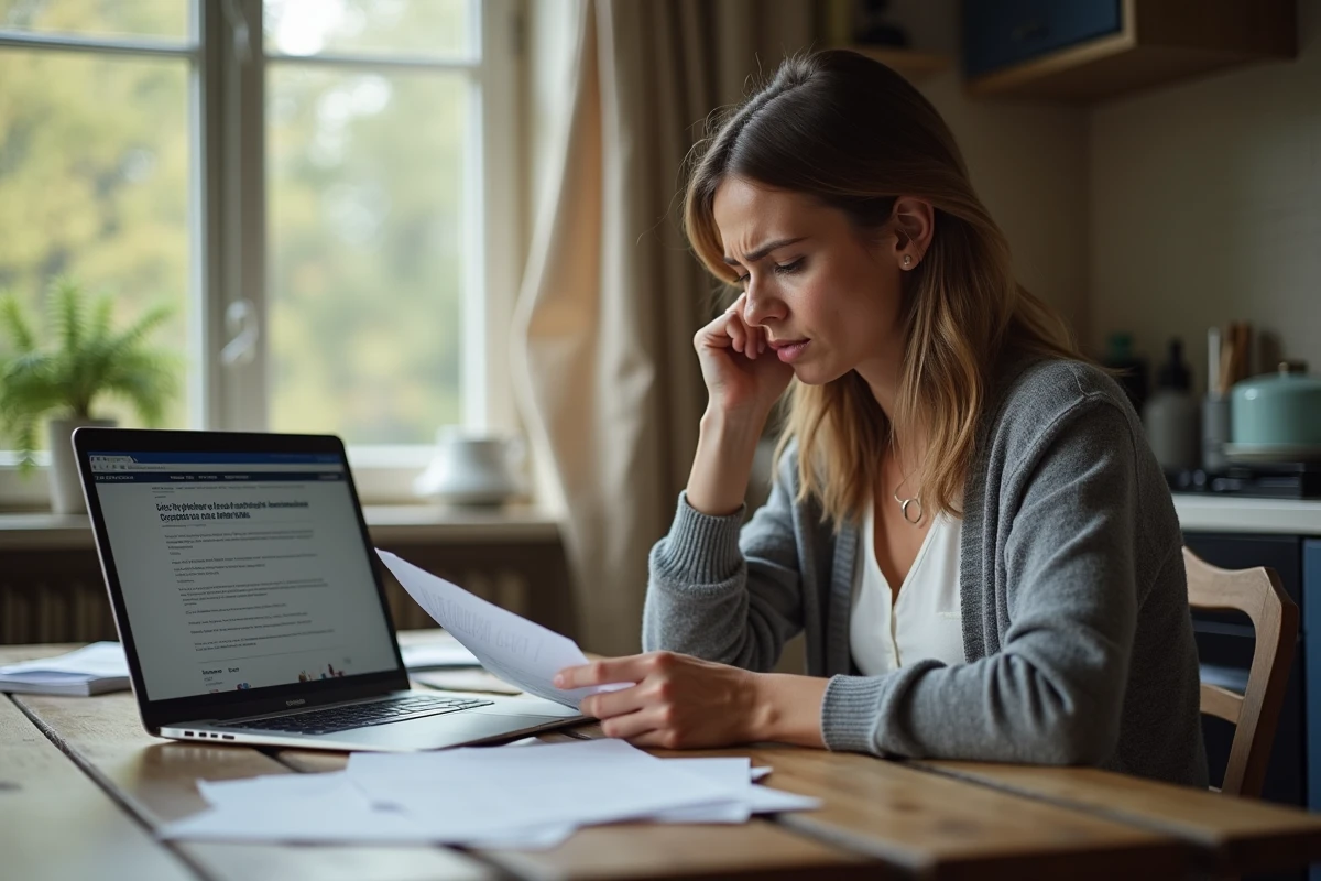 Femme stressée lisant un courrier de Pôle emploi concernant un retard de paiement d'allocation chômage