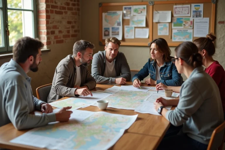 Réunion participative d'une association locale en Haute-Garonne autour d'une table de travail couverte de cartes et de notes