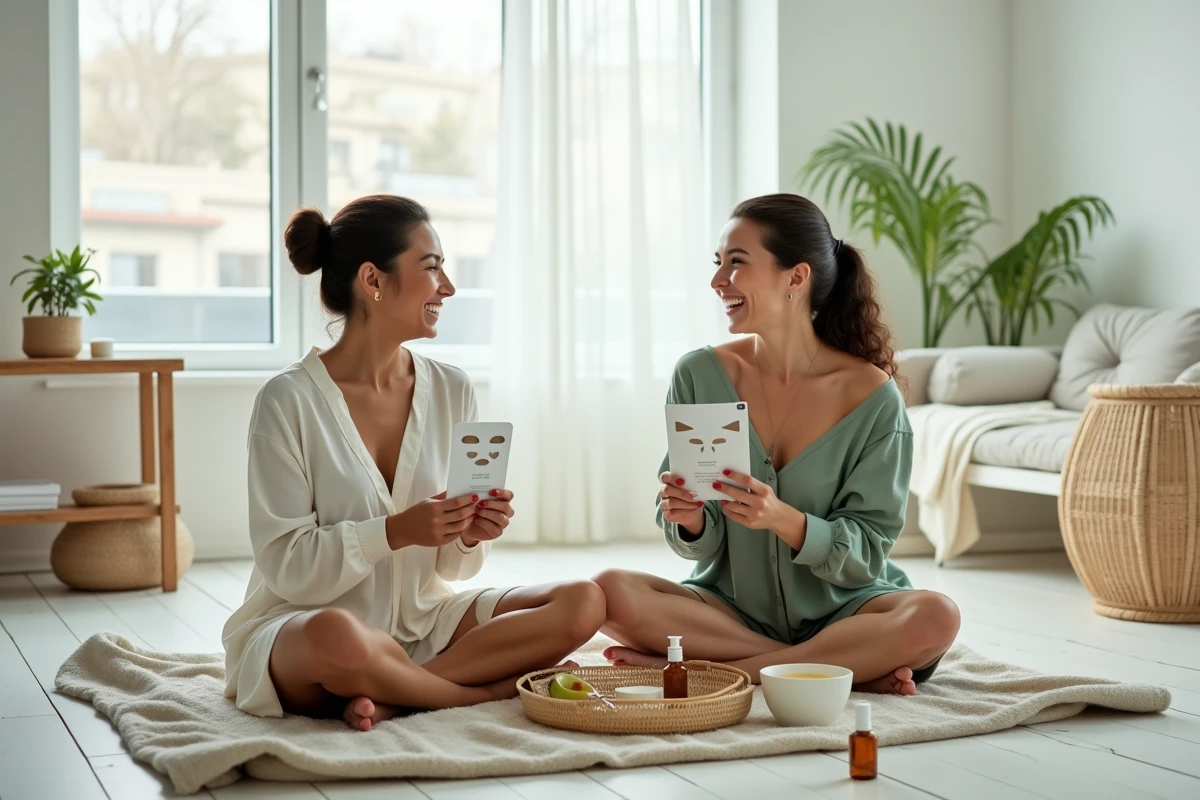 Deux femmes souriantes partageant une routine beauté avec des masques et des produits de soin dans un salon minimaliste scandinave