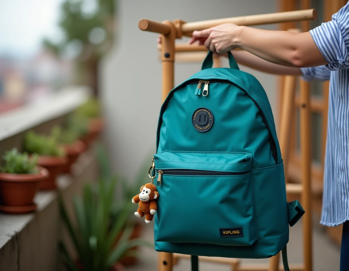 Cartable Kipling teal propre mis à sécher sur un séchoir en bois sur un balcon urbain