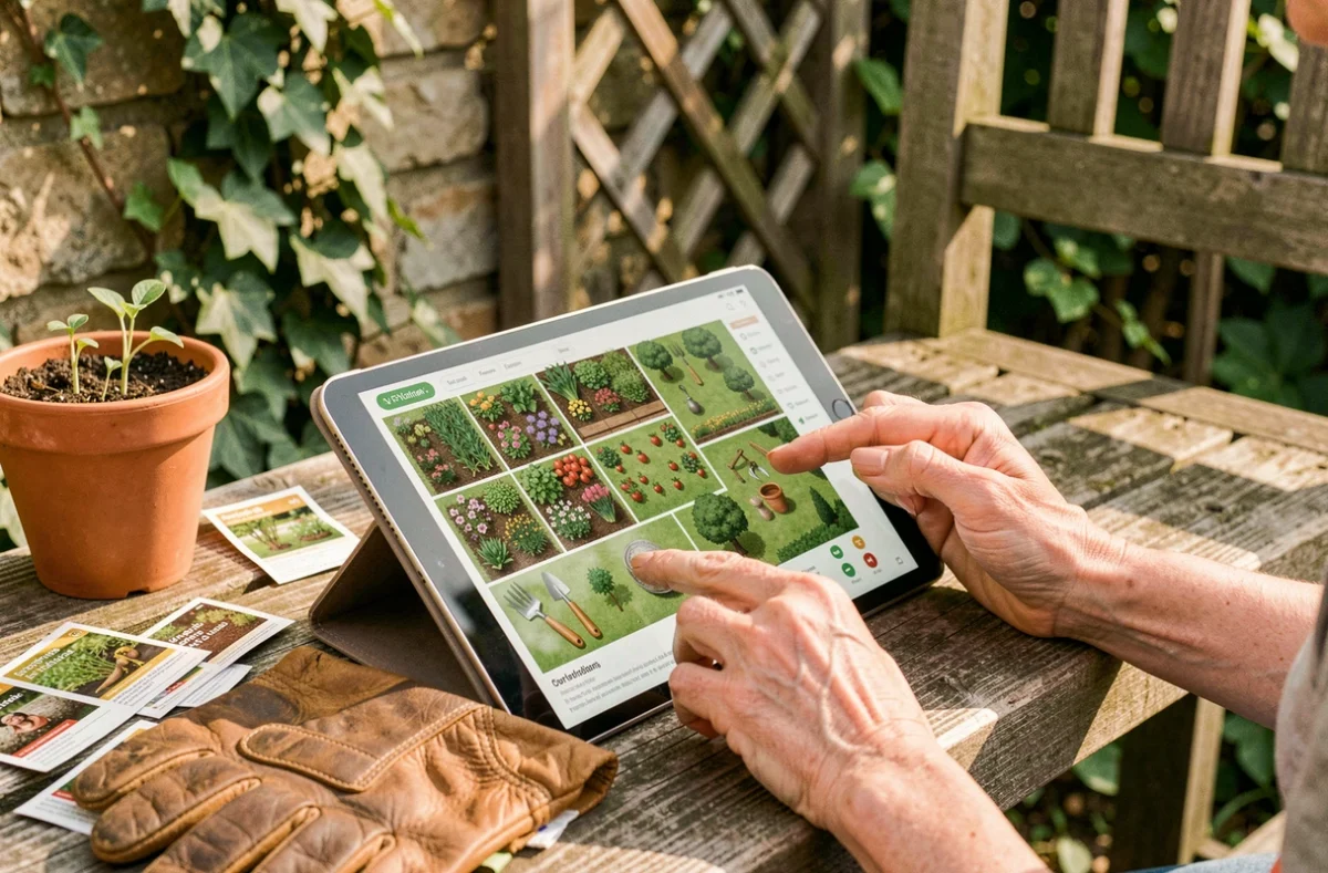 Mains féminines consultant un plan de site jardin numérique sur tablette posée sur un banc en teck entouré de sachets de graines et de plants