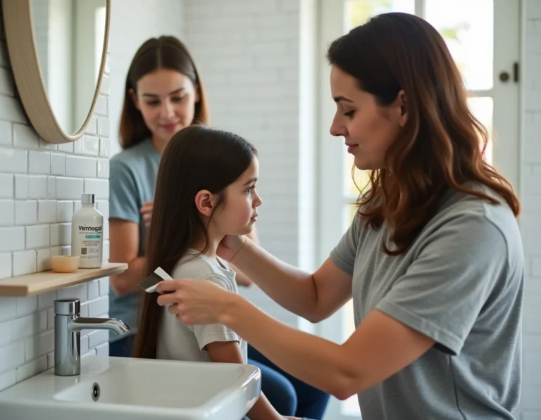 Mère appliquant un traitement anti-poux Vermogal sur les cheveux de sa fille dans une salle de bain familiale
