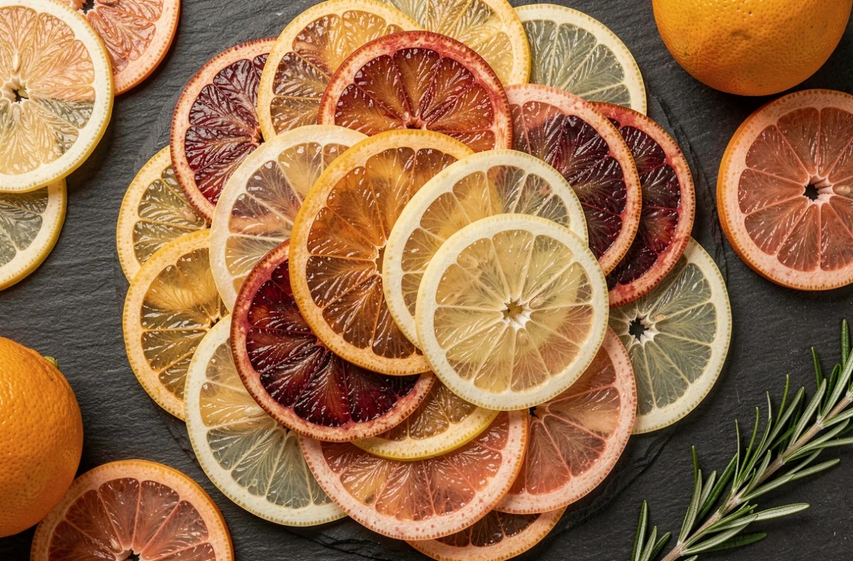 Vue aérienne de tranches d'agrumes déshydratés — citrons, oranges sanguines et pamplemousses — disposées en cercles sur une ardoise