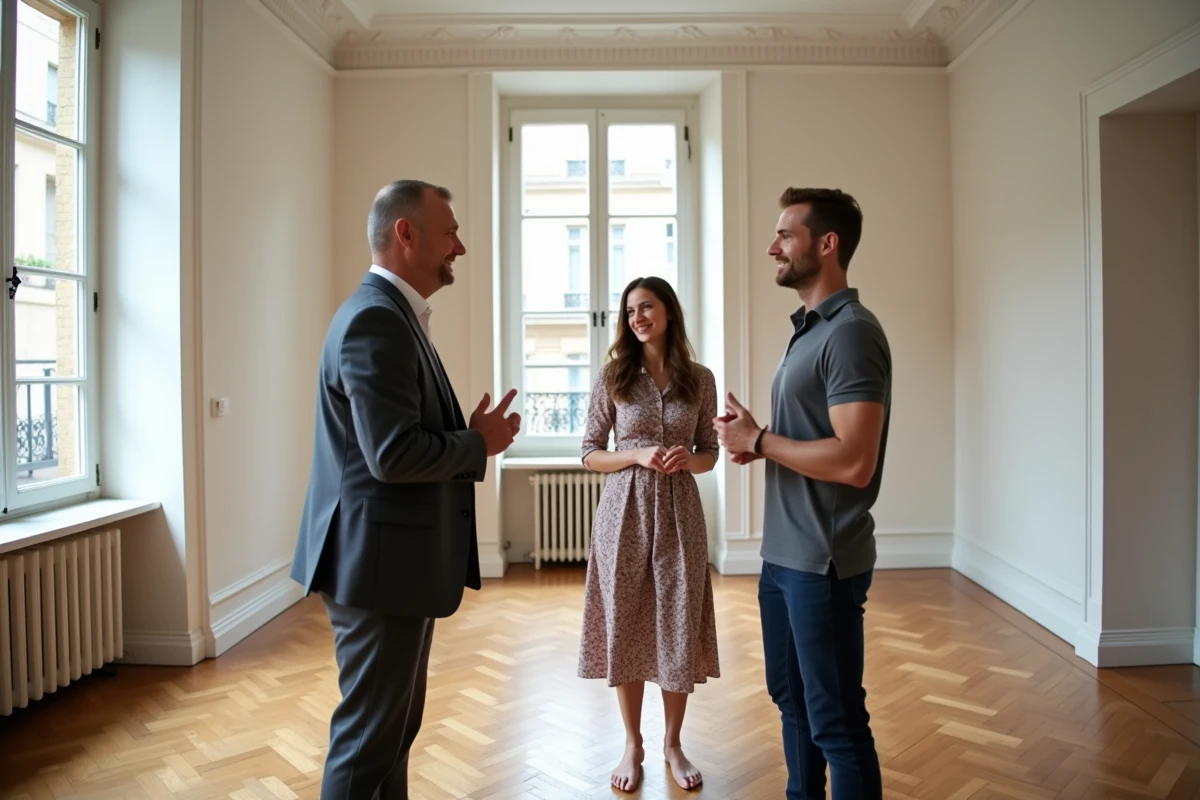 Agent immobilier faisant visiter un appartement familial spacieux à Lyon à un couple