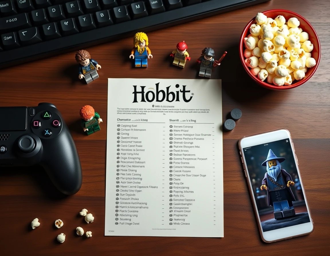 Vue aérienne de figurines LEGO Hobbit avec feuille de codes secrets et manette de jeu vidéo