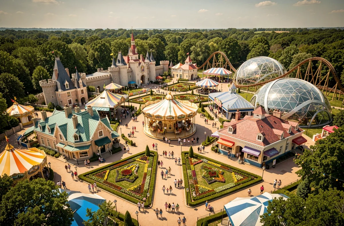 Vue panoramique aérienne d'un grand parc d'attractions familial en France